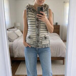 Y2K Hooded Faux Fur Trim Vintage Forever 21 Vest Wool Blend Knit Outerwear sm